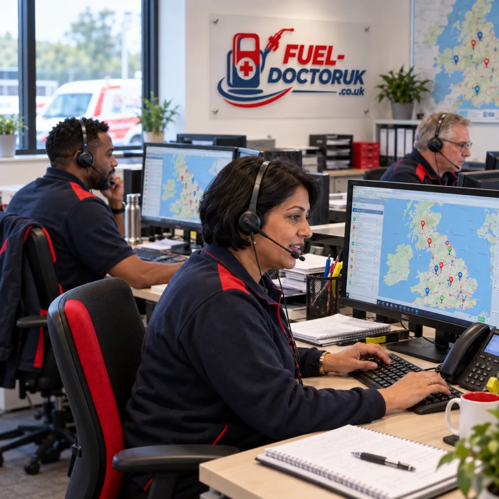 Fuel Doctor UK 24/7 customer service team tracking recovery vehicles across the UK