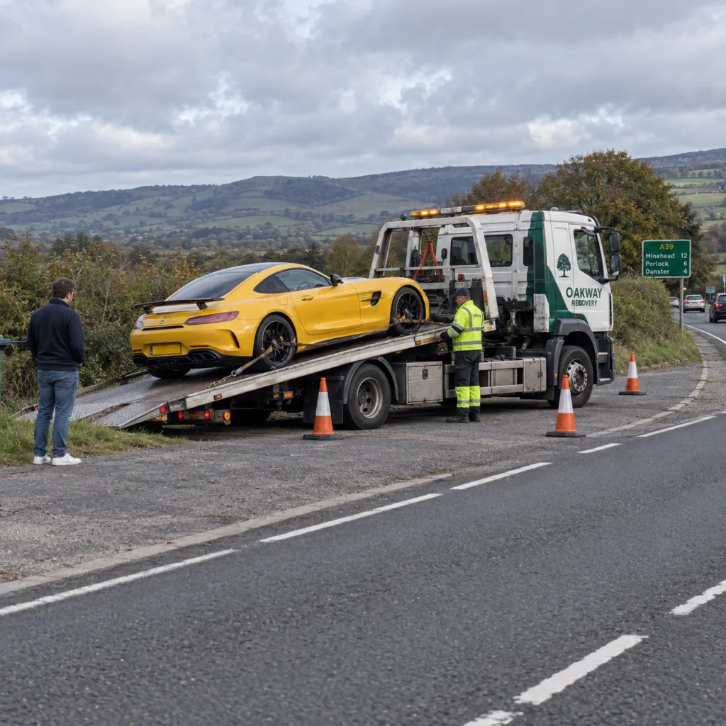 Car being loaded onto a flatbed breakdown recovery truck on a rural road