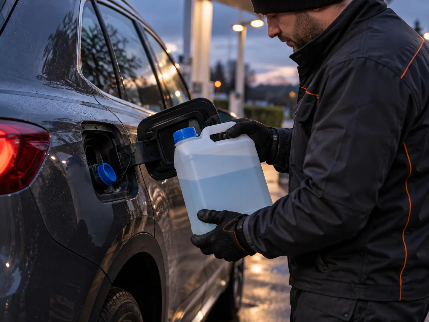Technician inspecting AdBlue container beside a car fuel filler cap