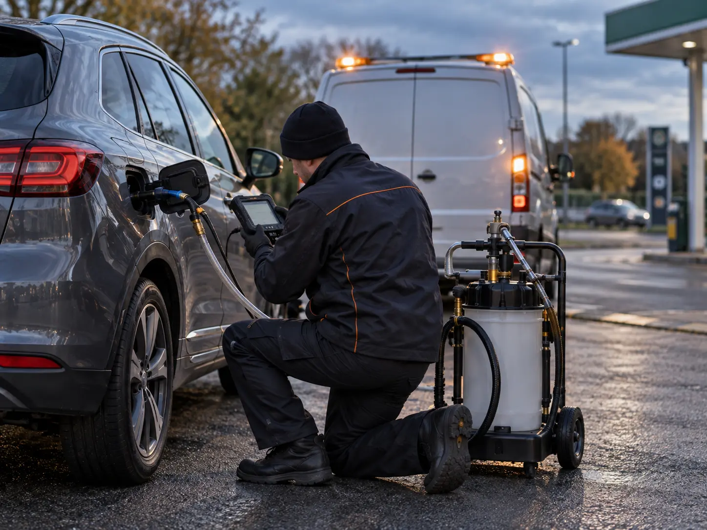 Technician using diagnostic equipment while draining wrong fuel from a car