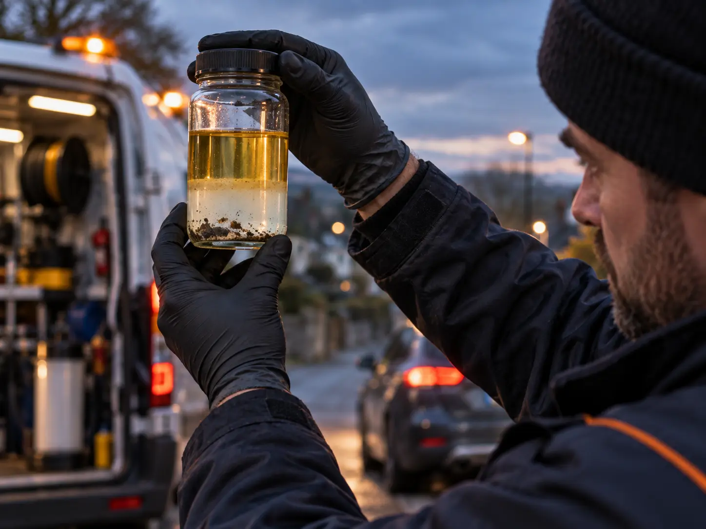Technician inspecting a fuel sample jar showing contamination