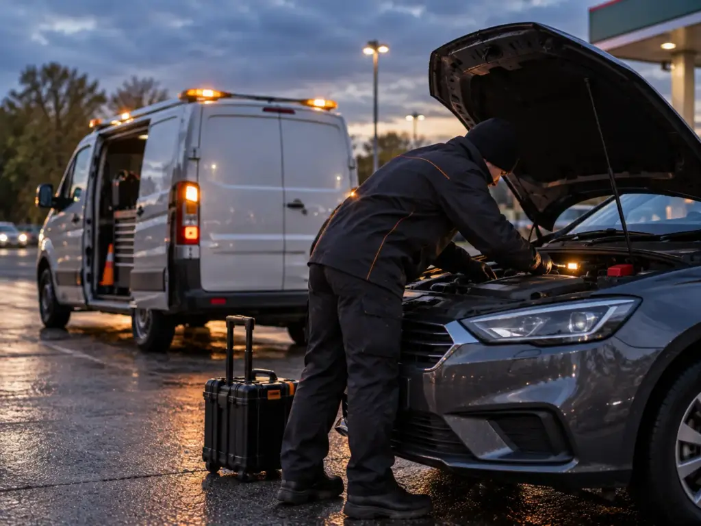 Fuel Doctor UK technician performing engine diagnostic check at a petrol station
