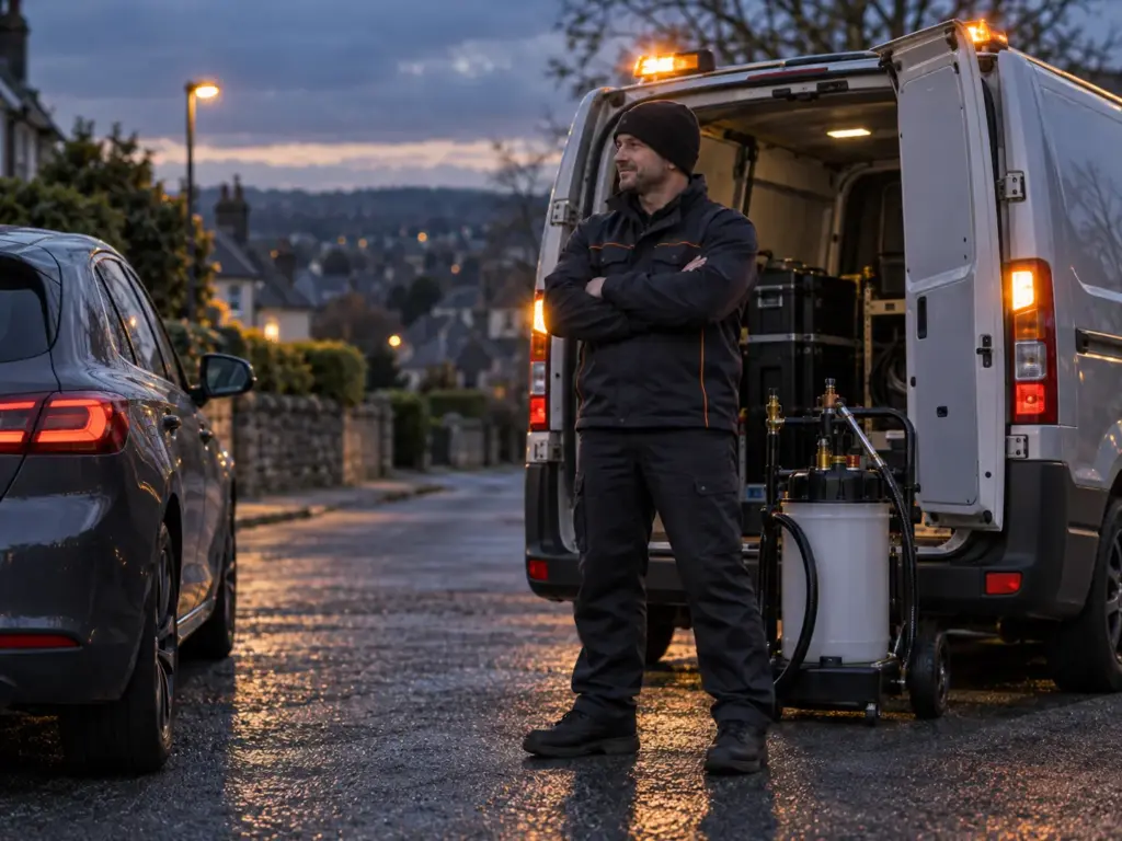 Fuel Doctor UK technician standing beside mobile fuel recovery van offering 24 7 customer service