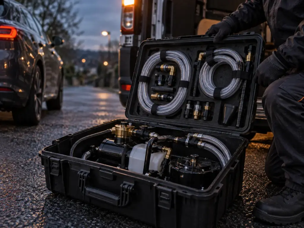 Mobile fuel drain diagnostic equipment case used by Fuel Doctor UK technicians