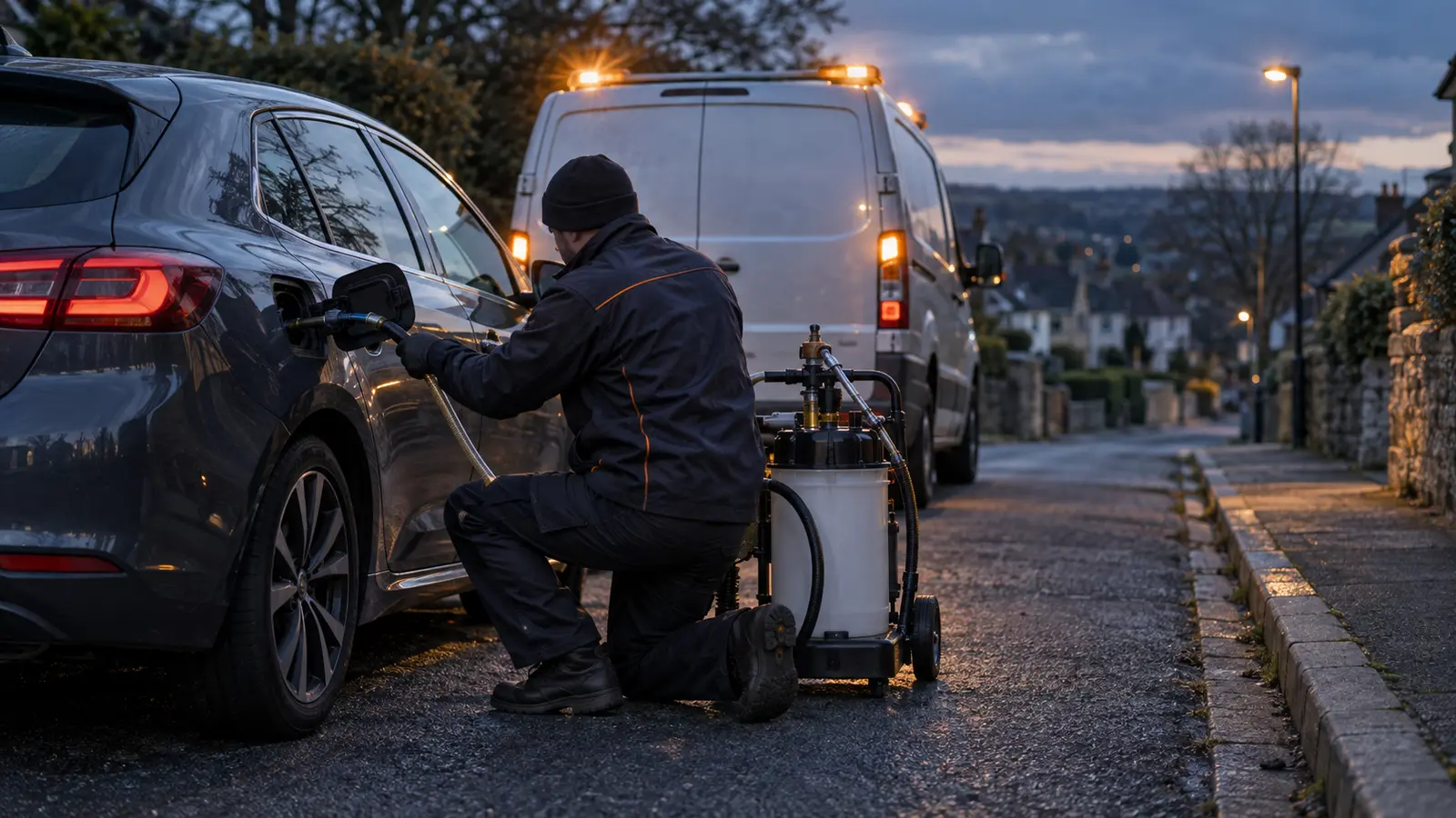 Mobile fuel drain technician draining wrong fuel from a car on a UK residential street at dusk