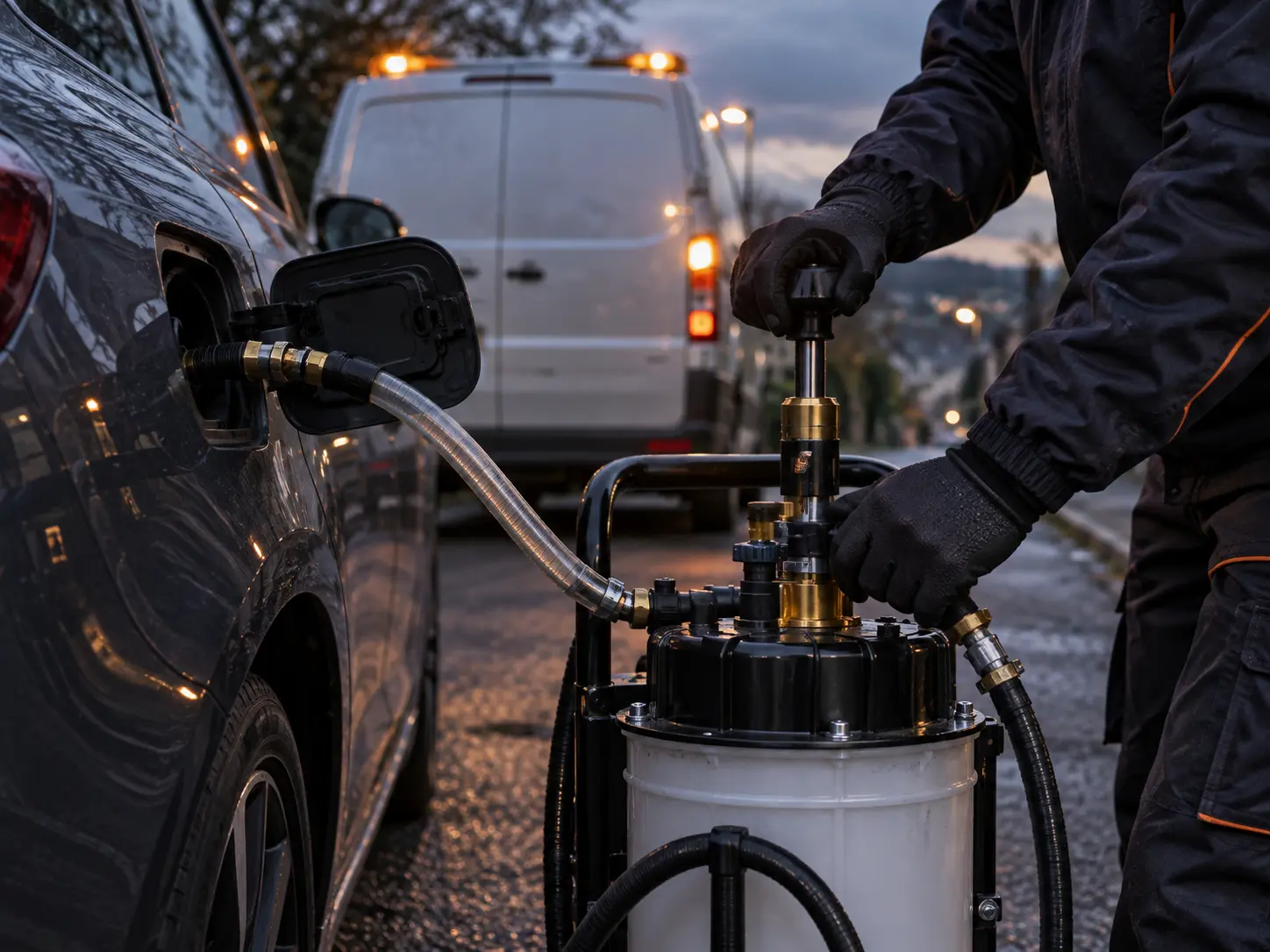 Fuel Doctor UK technician operating fuel extraction pump connected to a car fuel tank