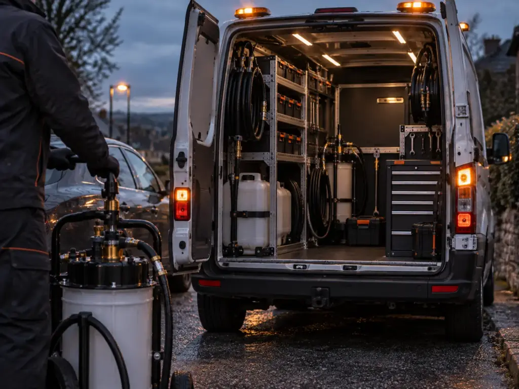 Interior of a fully equipped Fuel Doctor UK mobile fuel recovery van