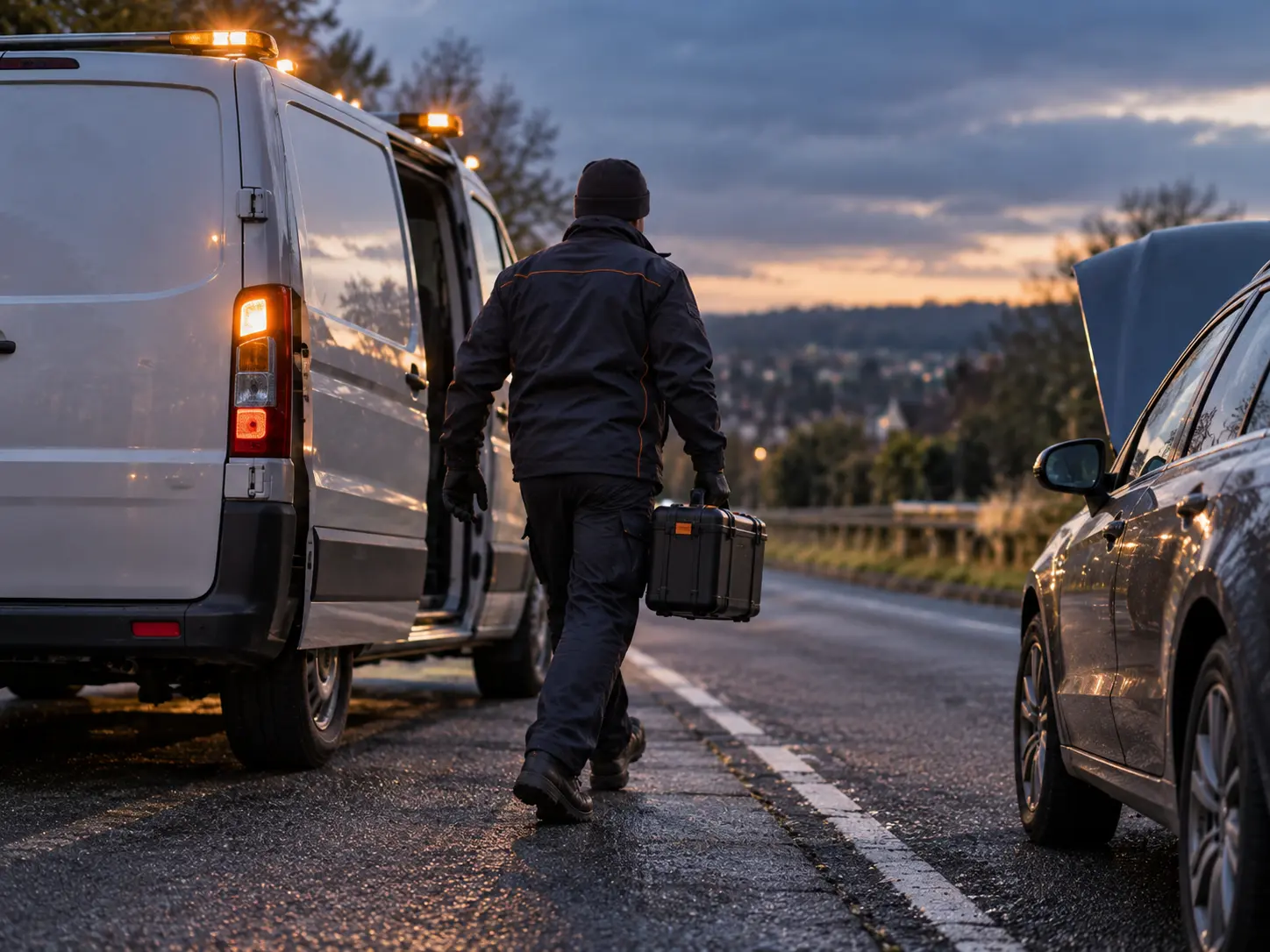 Mobile fuel recovery technician walking to a breakdown with equipment case