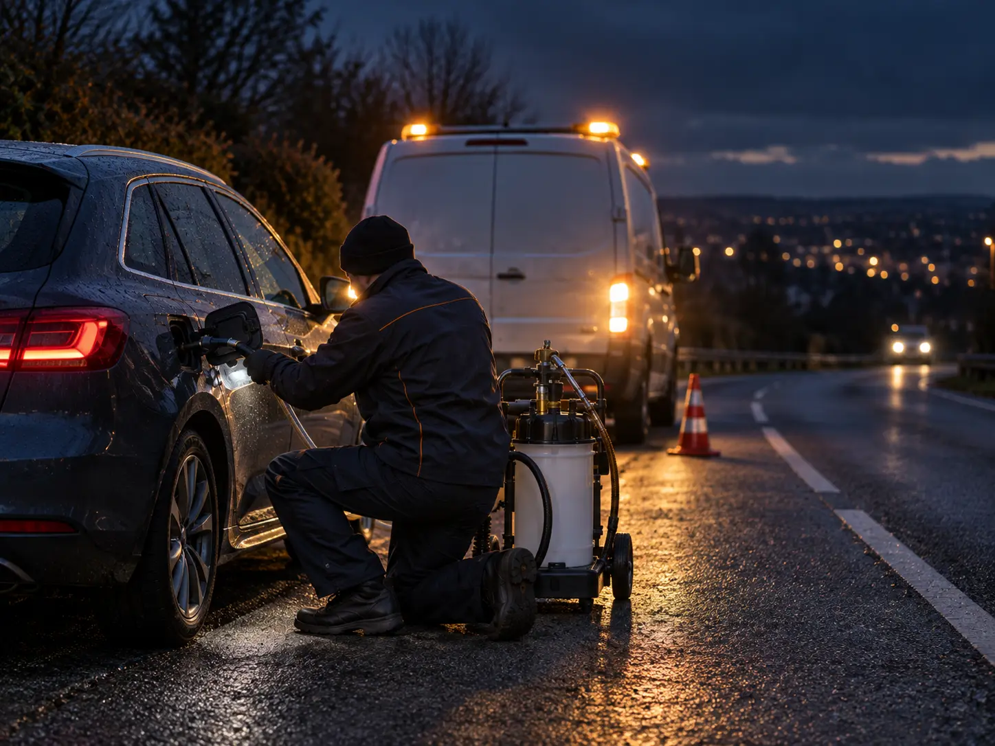 Mobile fuel drain technician working at night on a roadside call