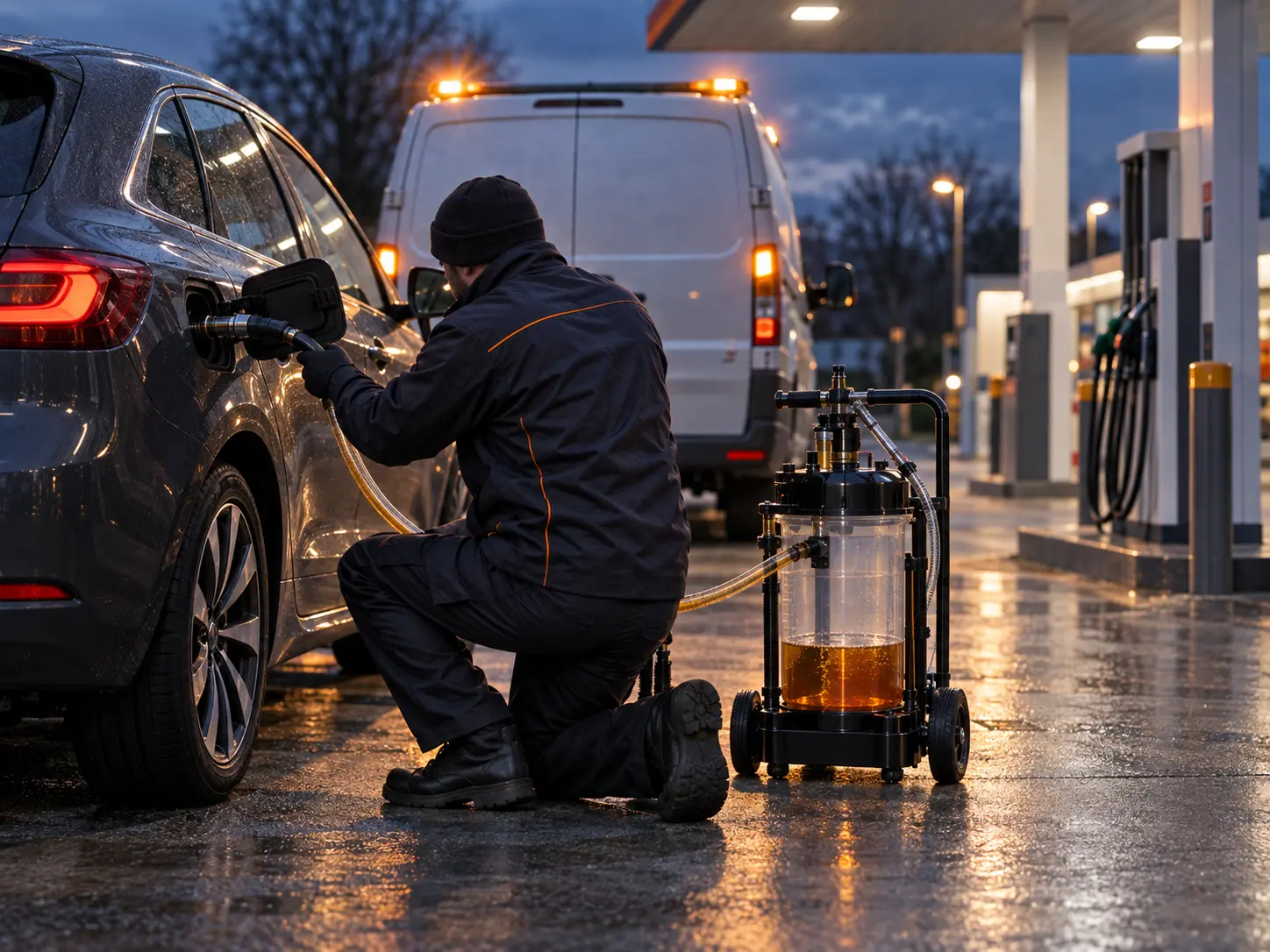 Technician draining petrol from a diesel car at a UK petrol station forecourt