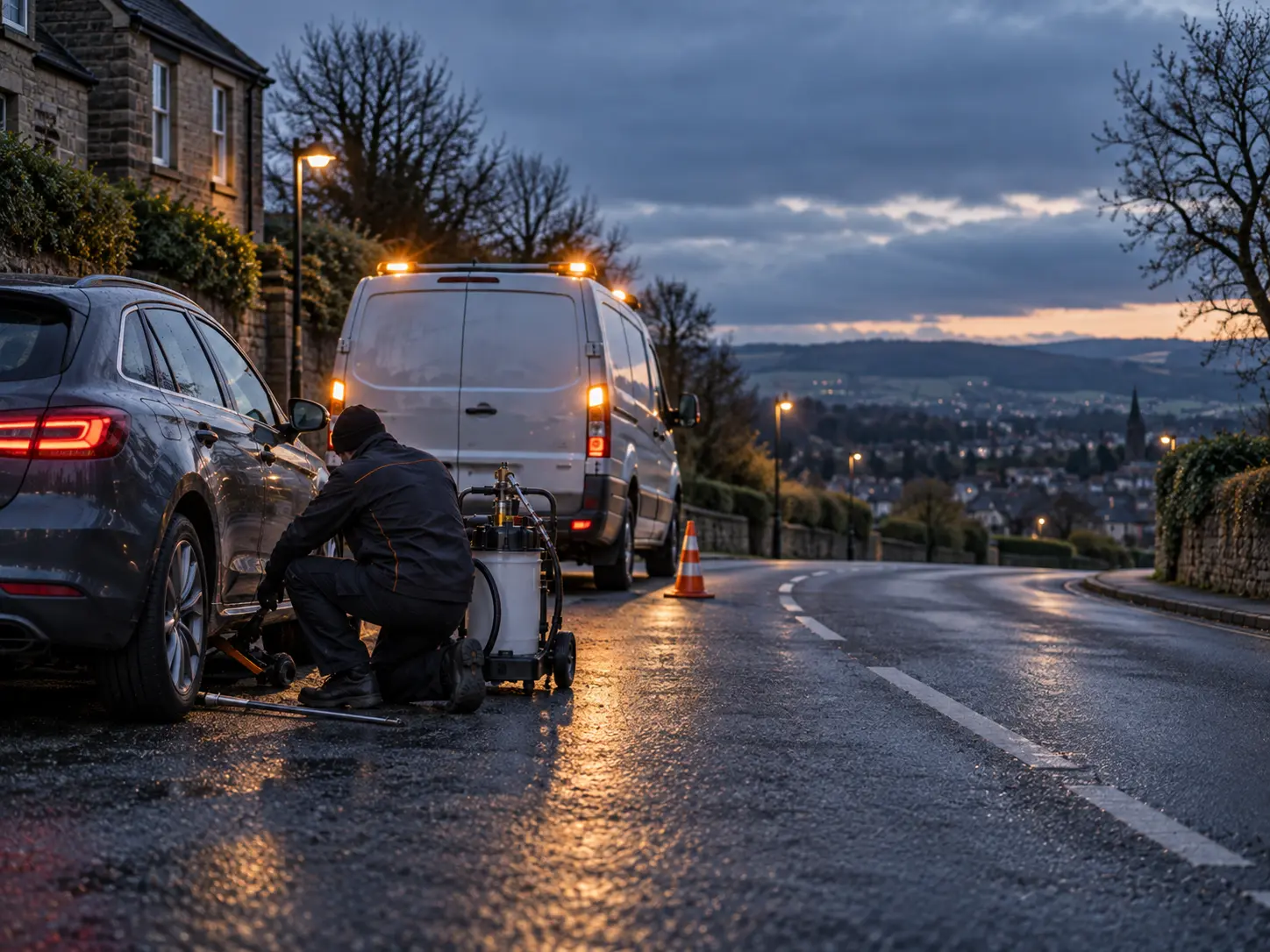 Fuel Doctor UK technician performing roadside fuel drain recovery on a hillside road