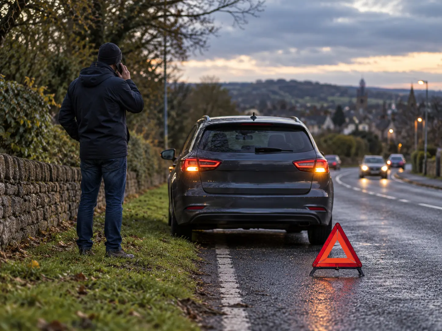 Driver's car pulled over safely with a hazard warning triangle after misfuelling