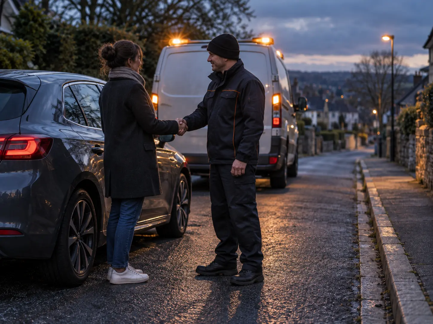 Technician handing car keys back to a customer after a wrong fuel recovery job