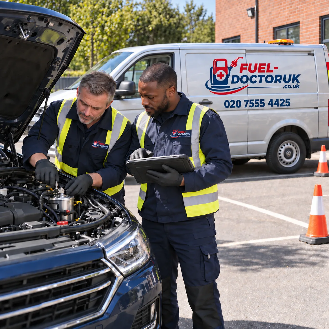 Experienced Fuel Doctor UK technicians working on a fleet vehicle