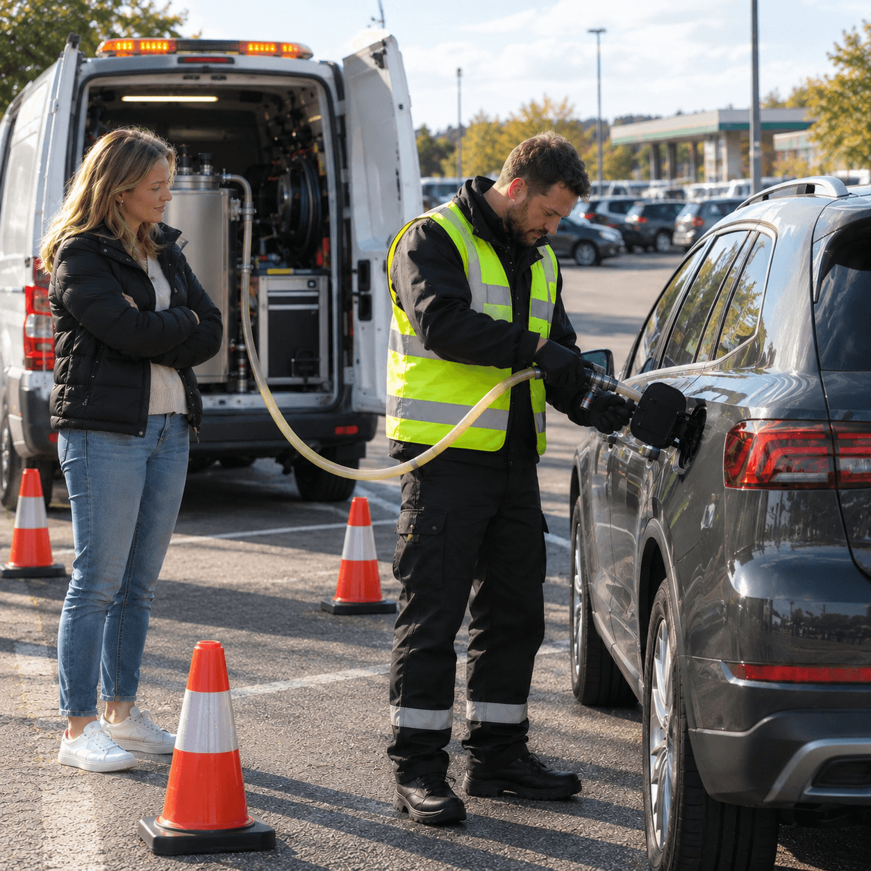 Fuel Doctor UK technician draining contaminated petrol from a diesel vehicle while customer watches