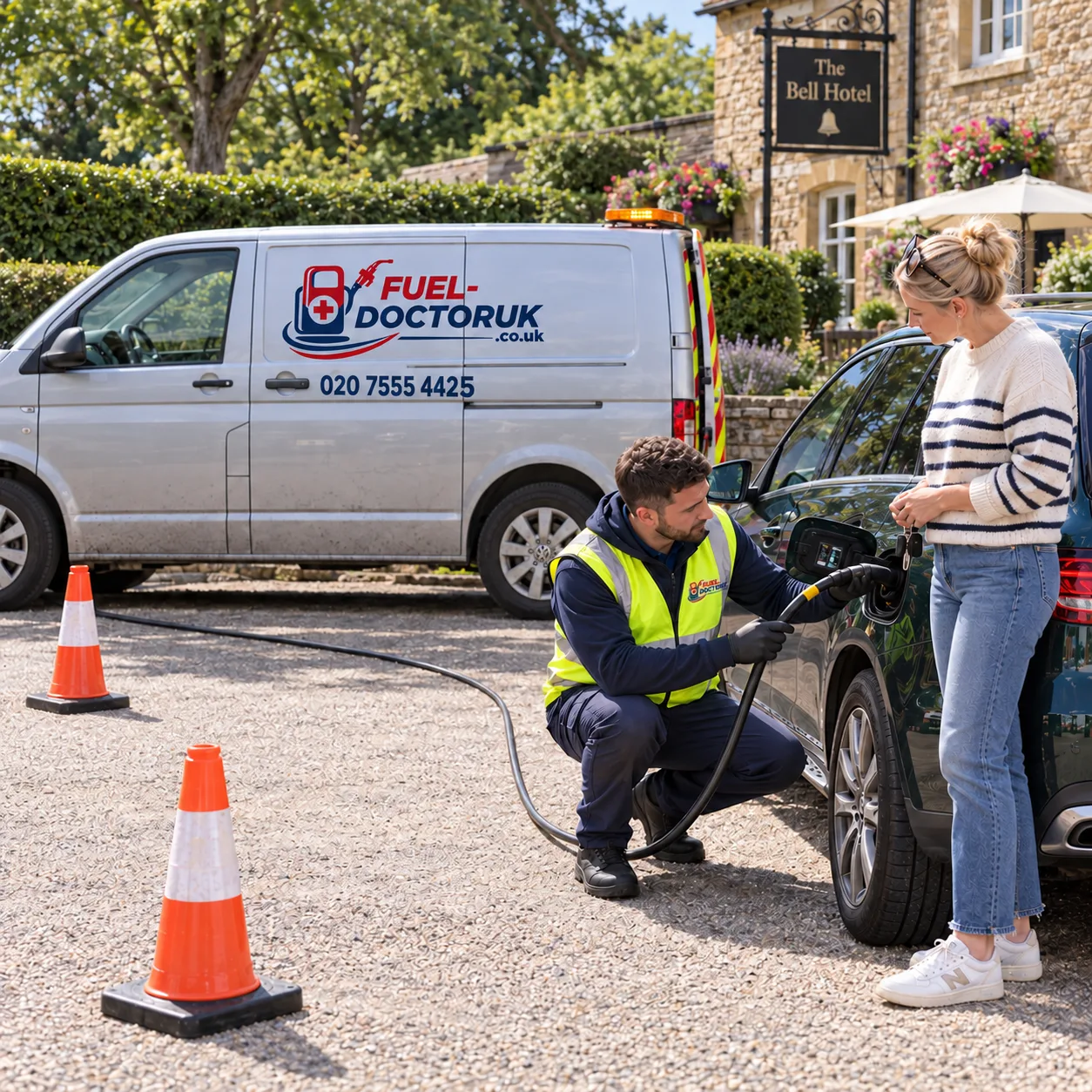 Fuel Doctor UK technician attending a misfuelled vehicle on the roadside