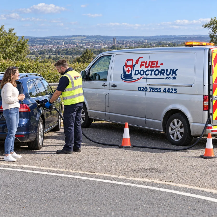 Fuel-DoctorUK mobile technician refuelling a car roadside