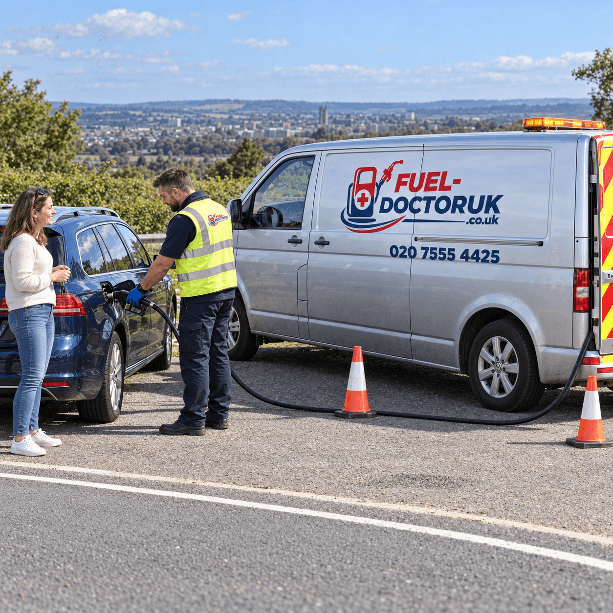 Fuel-DoctorUK mobile technician refuelling a car roadside