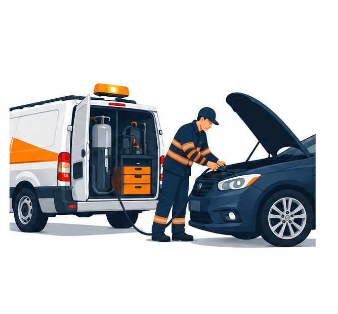 Mobile fuel recovery technician servicing a vehicle beside the response van