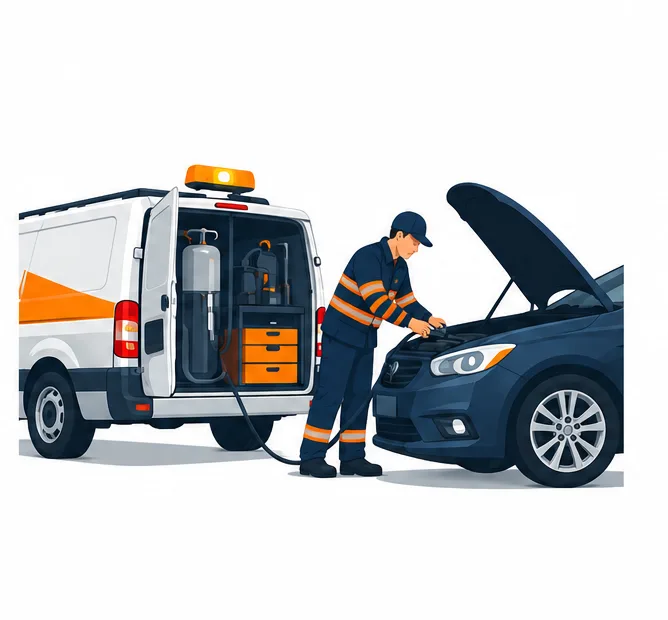 Mobile fuel recovery technician servicing a vehicle beside the response van